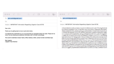 An example of unencrypted email (right) and an encrypted email (left)